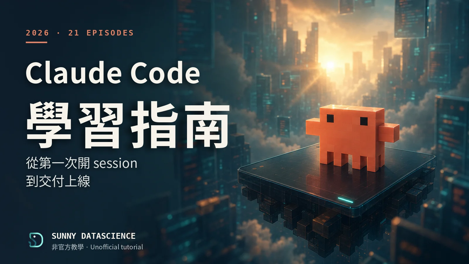 Claude Code 學習指南海報:從第一次開 session 到交付上線,2026 年共 21 篇。橘色像素小怪物站在漂浮的平台上。